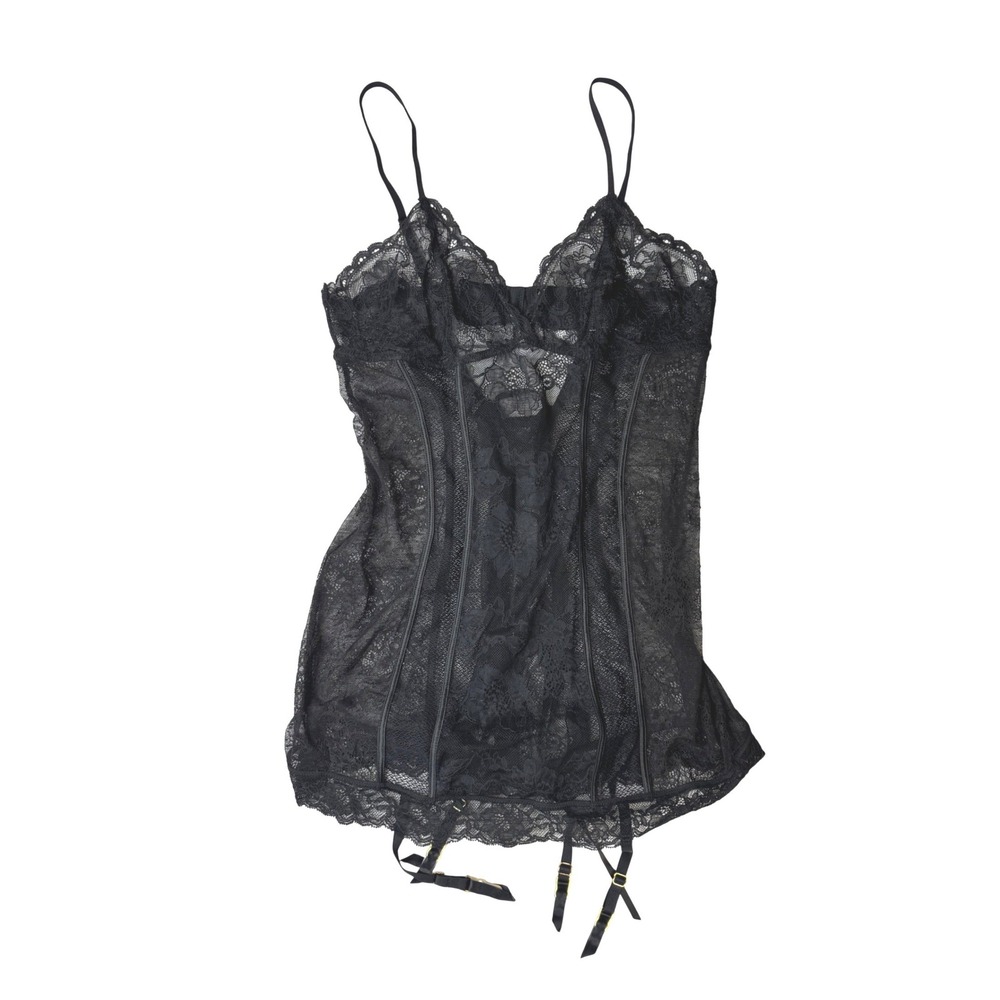 Victoria's Secret Black Floral Lace Corset Bustier Slip Garter Straps Large